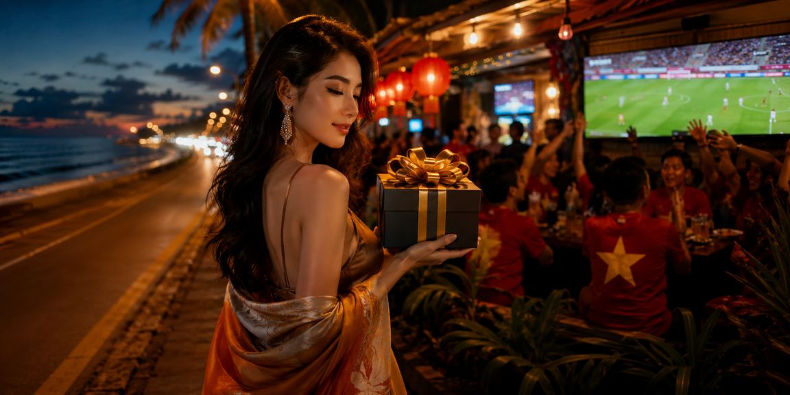 Người dùng tại Mũi Né chơi slot game trên điện thoại dưới bóng mát bãi biển